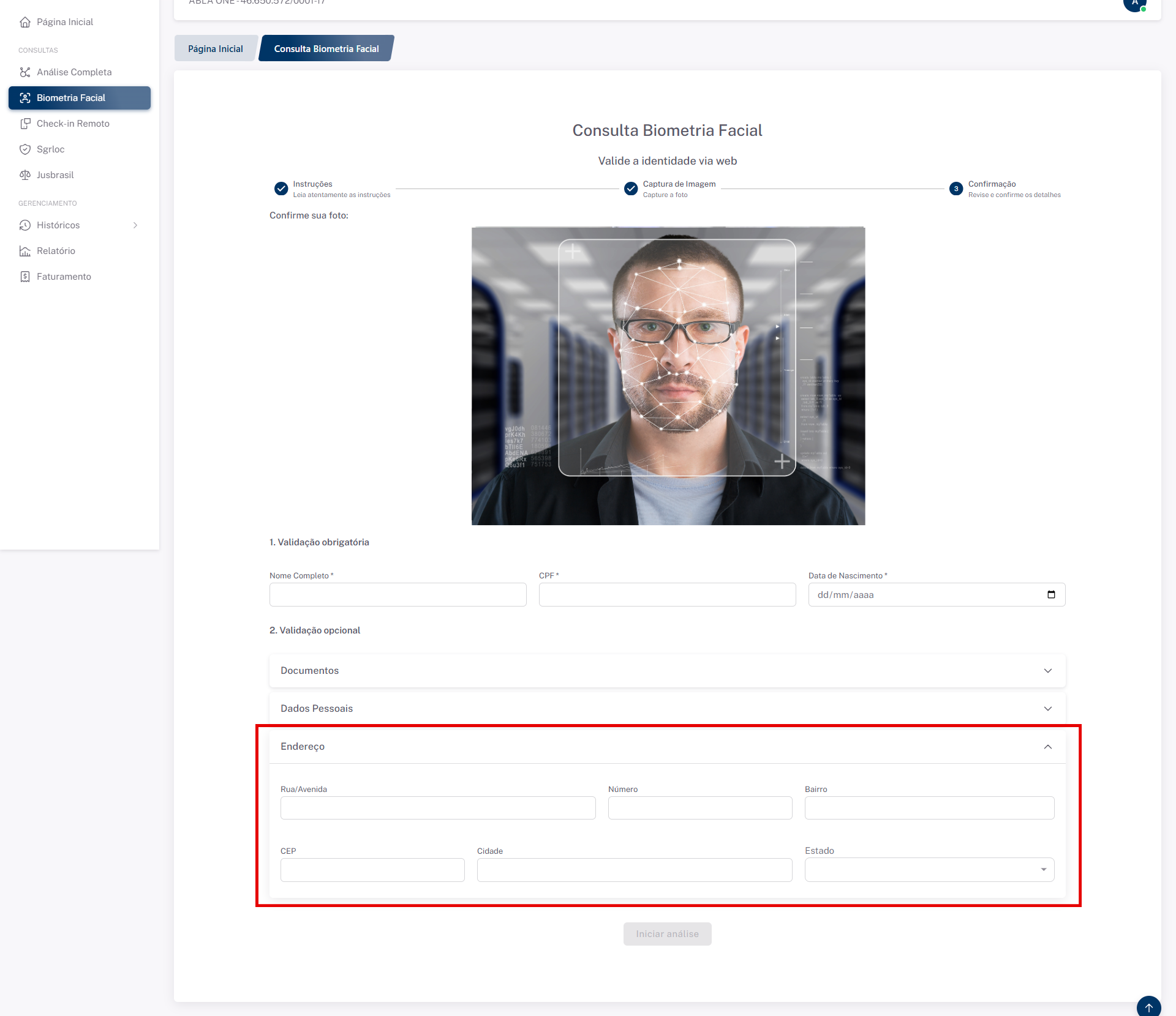 Tela inicial do sistema