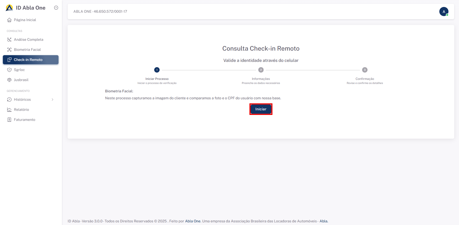 Tela inicial do sistema check-in-remoto