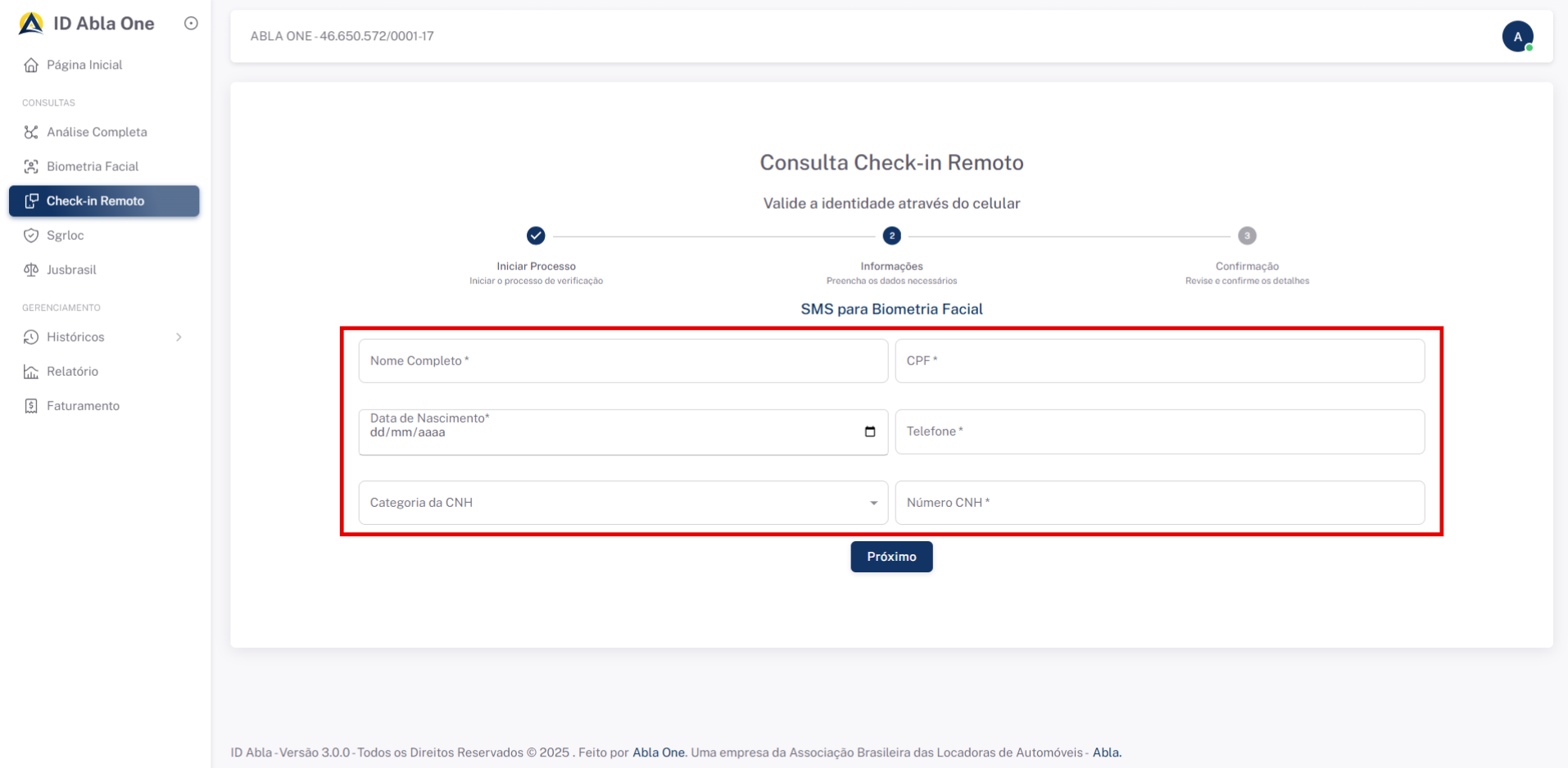 Tela inicial do sistema check-in-remoto