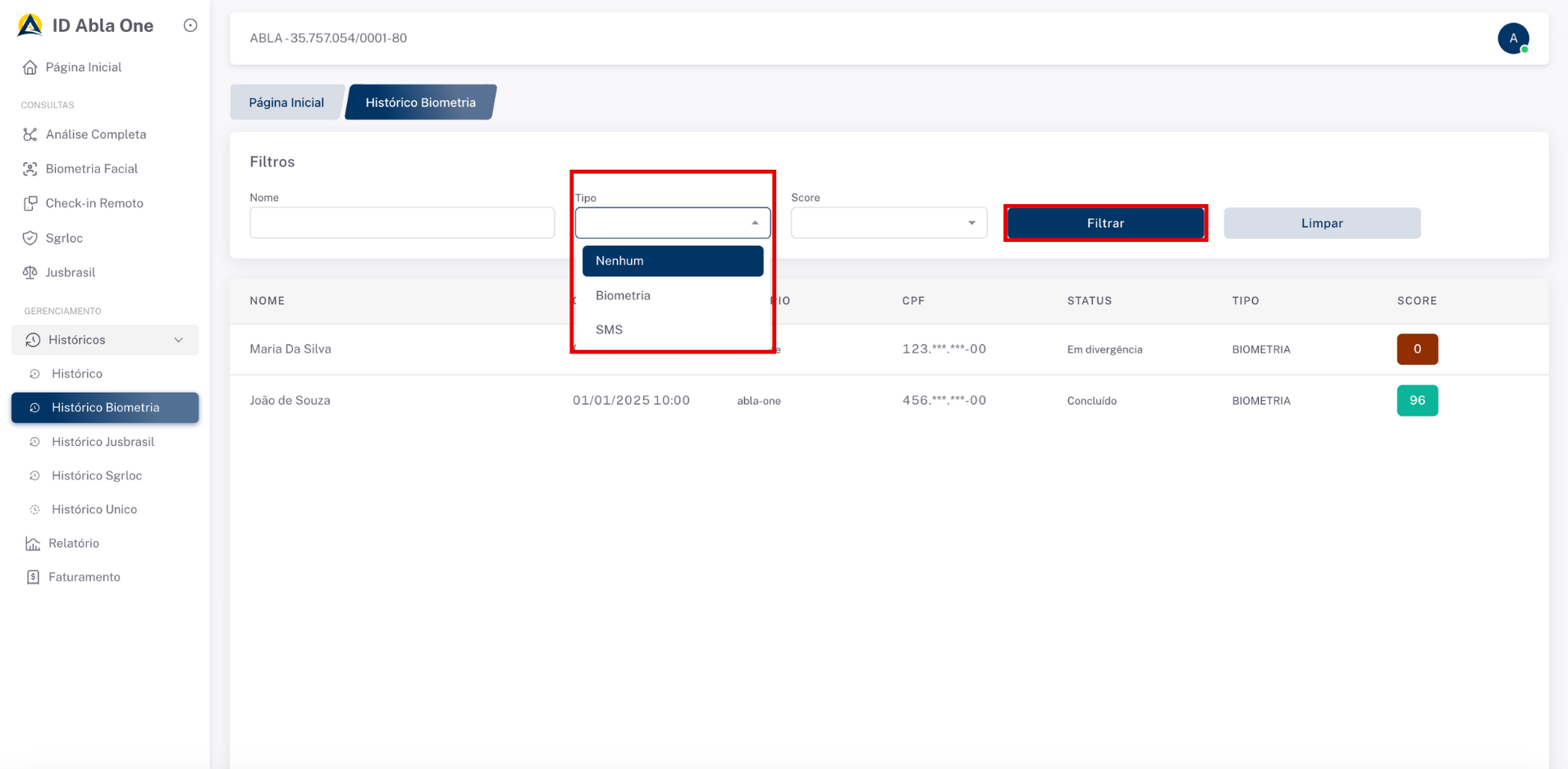 Tela inicial do sistema