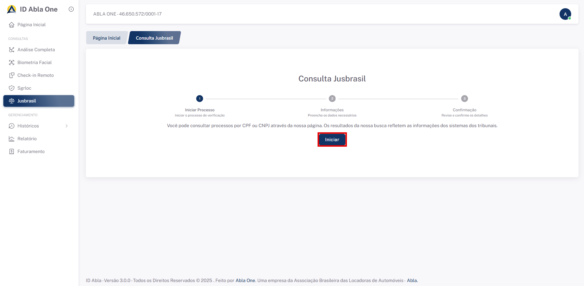 Tela inicial do sistema Jusbrasil