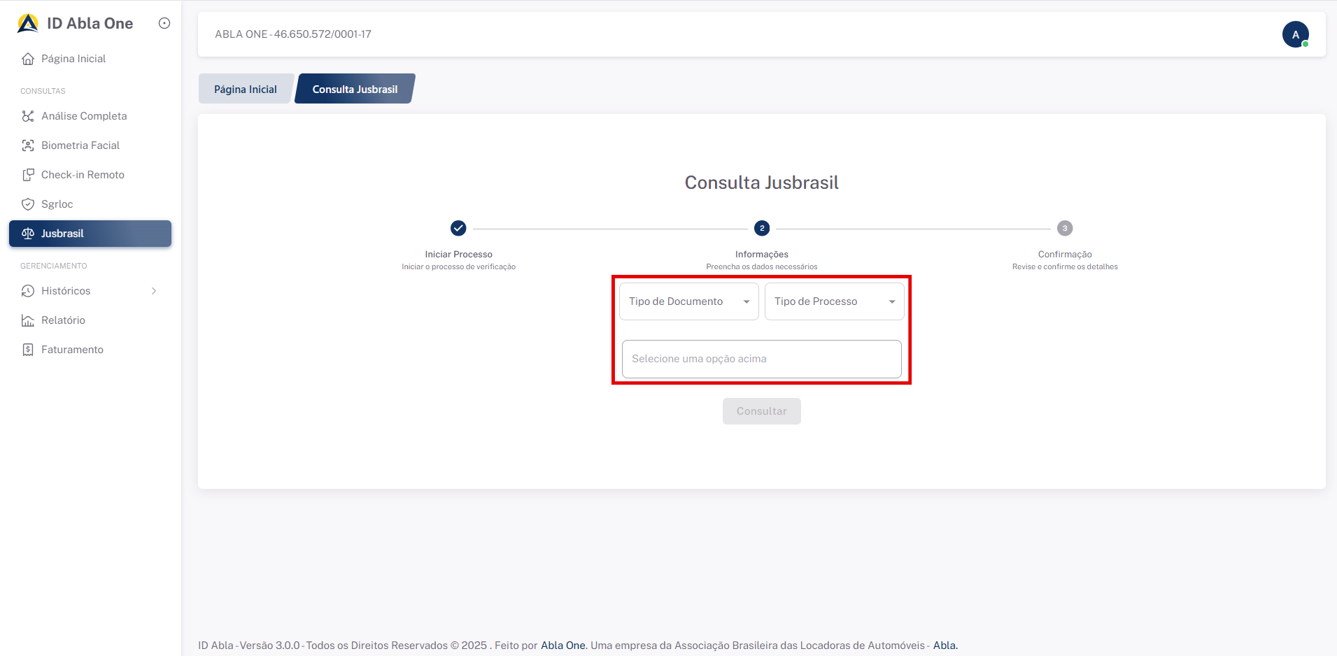 Tela inicial do sistema Jusbrasil