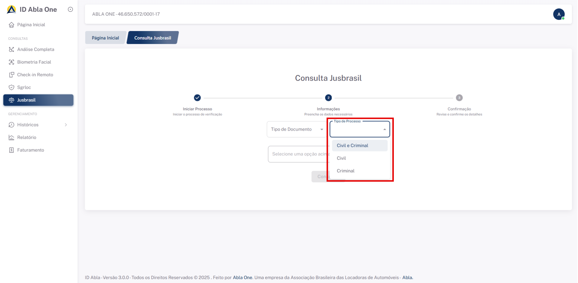 Tela inicial do sistema Jusbrasil
