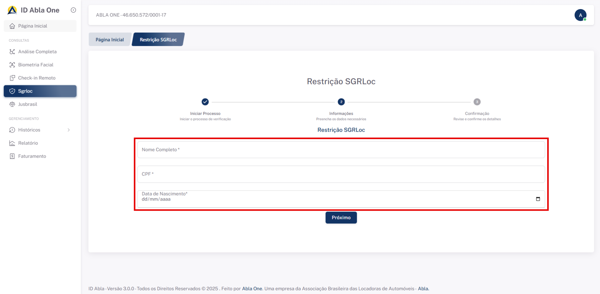 Tela inicial do sistema SGRLoc