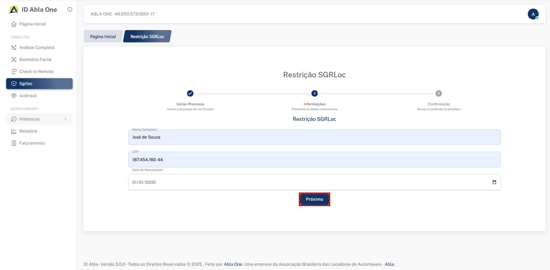 Tela inicial do sistema SGRLoc